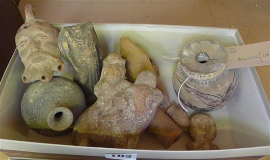 10 Indian or Pre-Columbian style small pottery vessels, figures & fragments